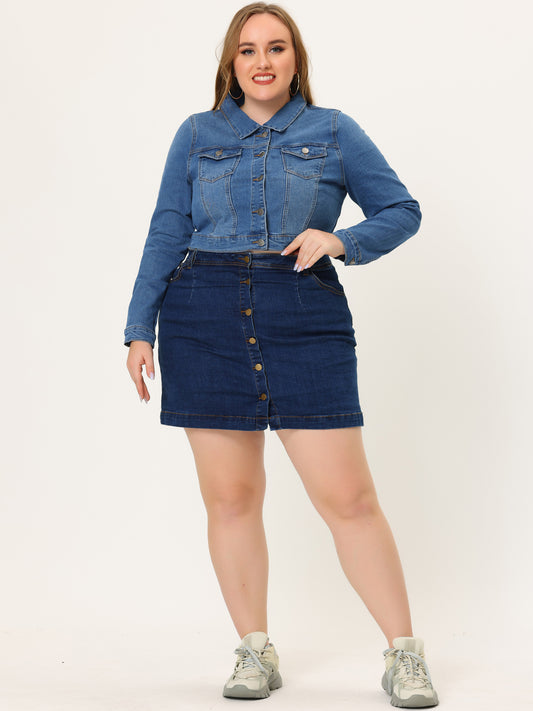 Women's Plus Size Button Closed Cropped Stitching Denim Jacket