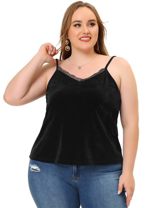 Women Plus Size Tops Sexy V Neck Velvet Lace Trim Cami Tank Top
