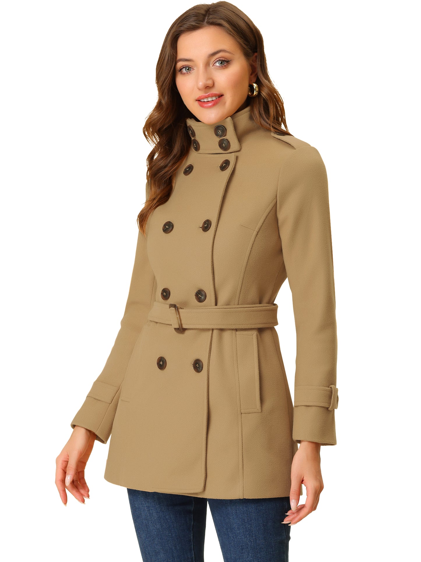 Women's Winter Stand Collar Double Breasted Pockets Outwear Coat