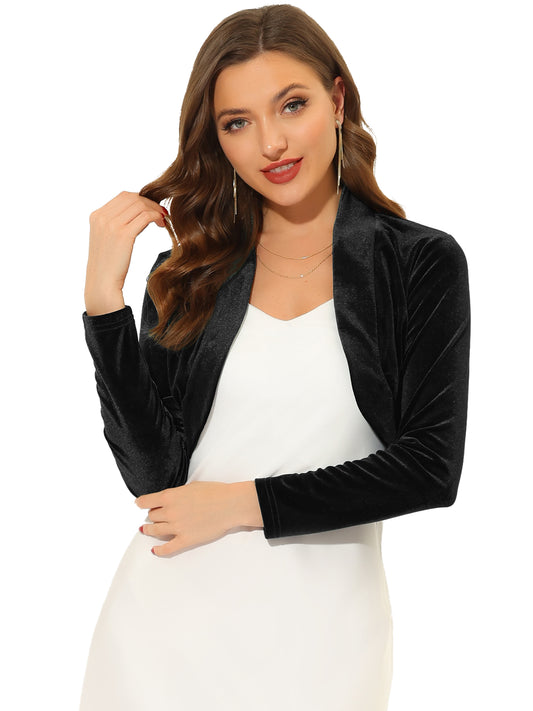 Women's Long Sleeve Velvet Shrug Cocktail Party Open Front Cropped Bolero Cardigan Top