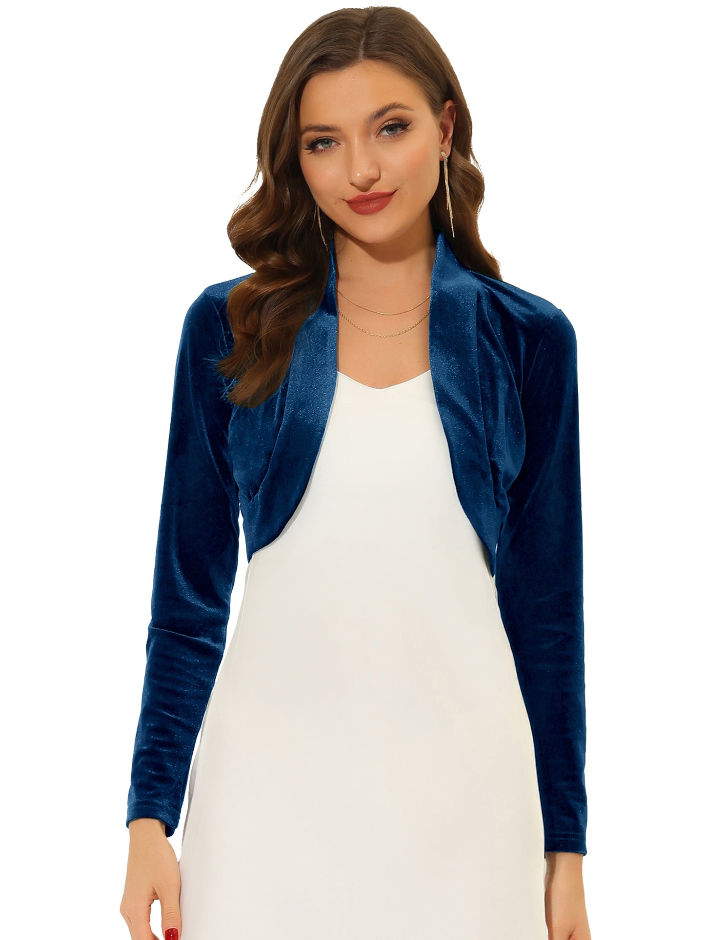 Women's Long Sleeve Velvet Shrug Cocktail Party Open Front Cropped Bolero Cardigan Top