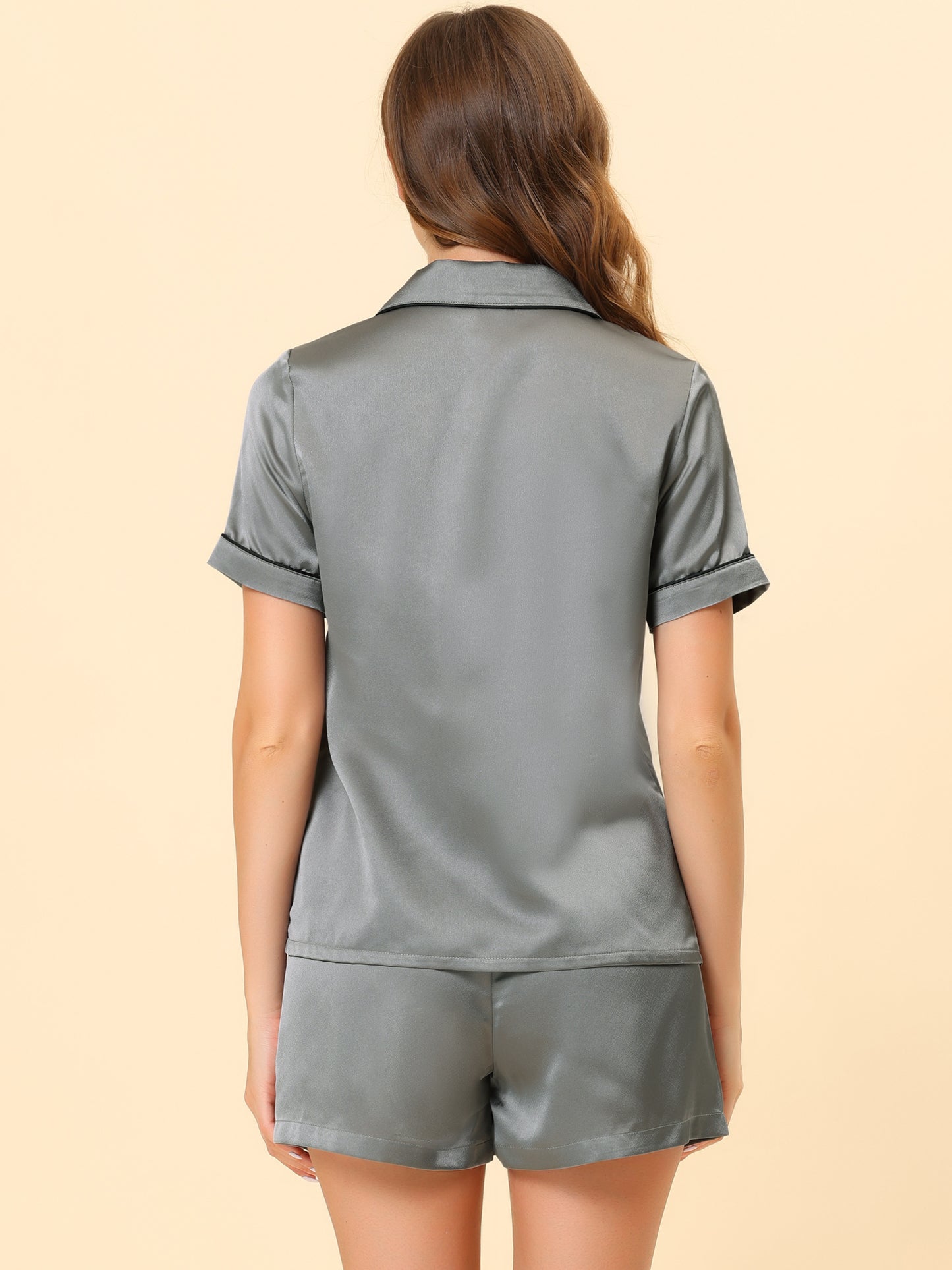 Women's Satin Pajamas Sleepshirt Button Down Top with Shorts Silky Lounge Set