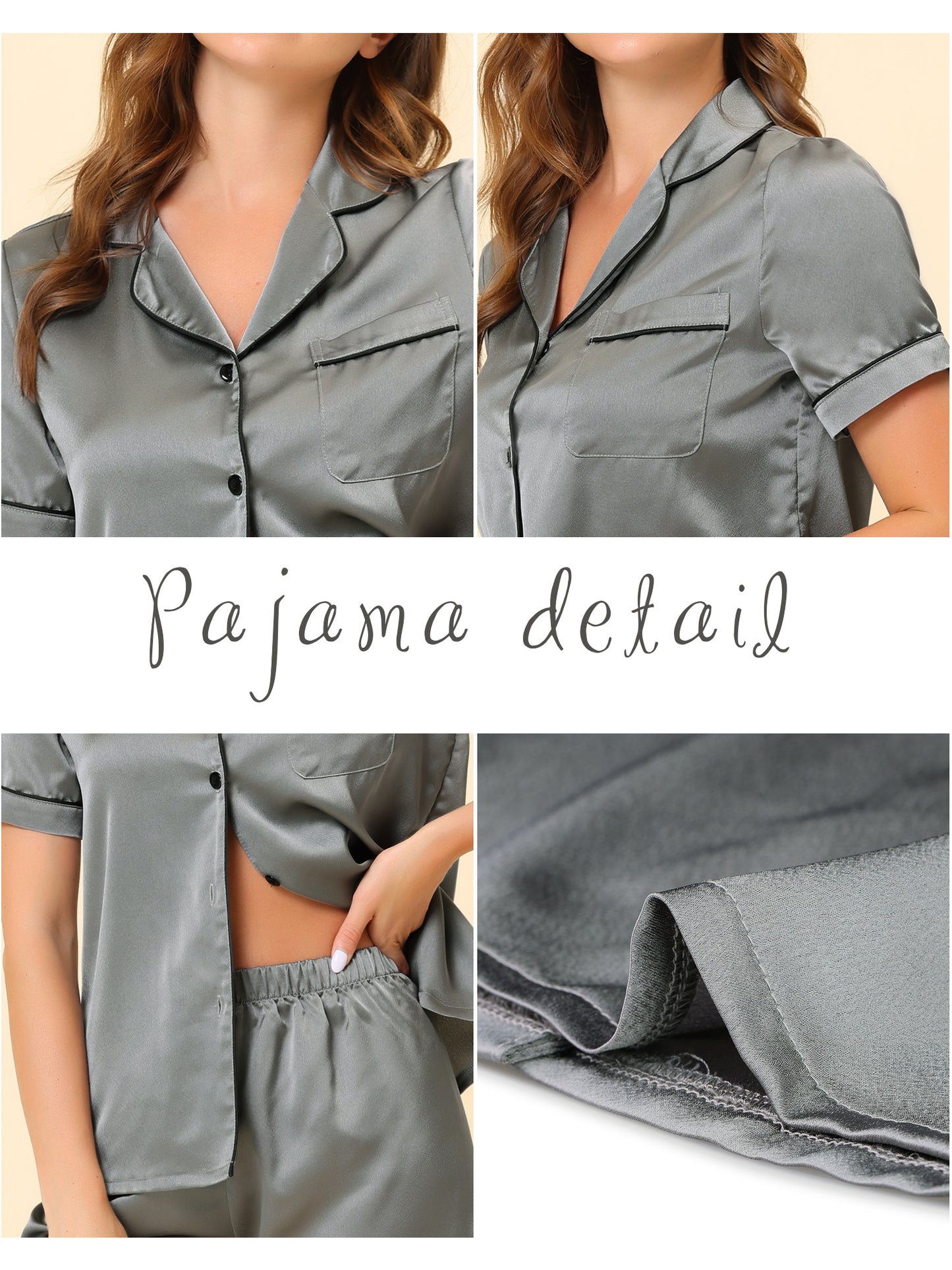 cheibear Pajama Loungewear Short Sleeves Button Down Satin Pj Sets Grey