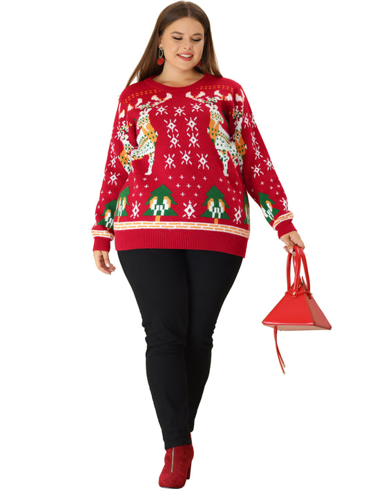 Women Plus Size Sweater Ugly Christmas Funny Cute Reindeer Snowflake Knitted Pullover Jumper Top