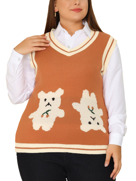 Women Plus Size Sweater Vest V Neck Knit Sleeveless Pullover Top