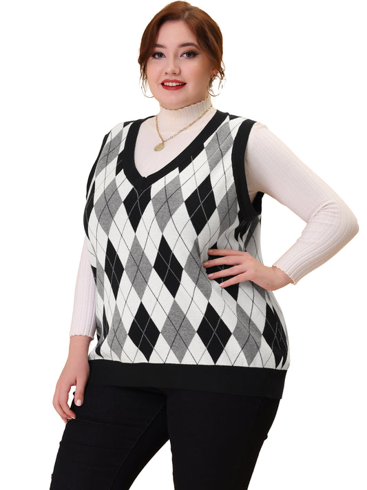 Women Plus Size Sweater Vest Plaid Cable Knit Sleeveless Pullover Crop Top Sweater Vest