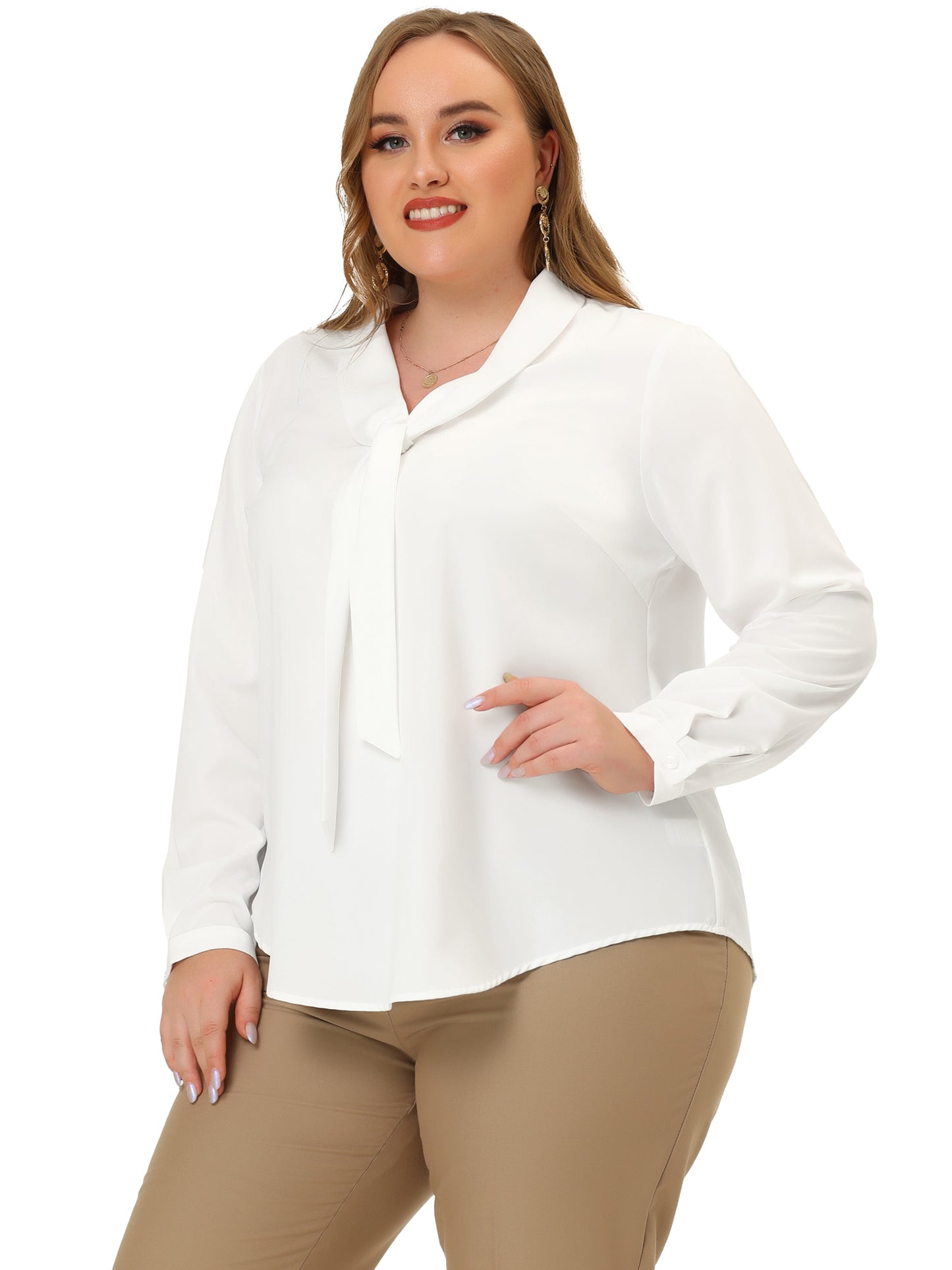 Women Plus Size Work Tops Elegant Long Sleeve Tie V Neck Chiffon Office Blouse