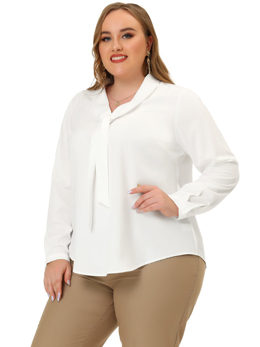 Women Plus Size Work Tops Elegant Long Sleeve Tie V Neck Chiffon Office Blouse
