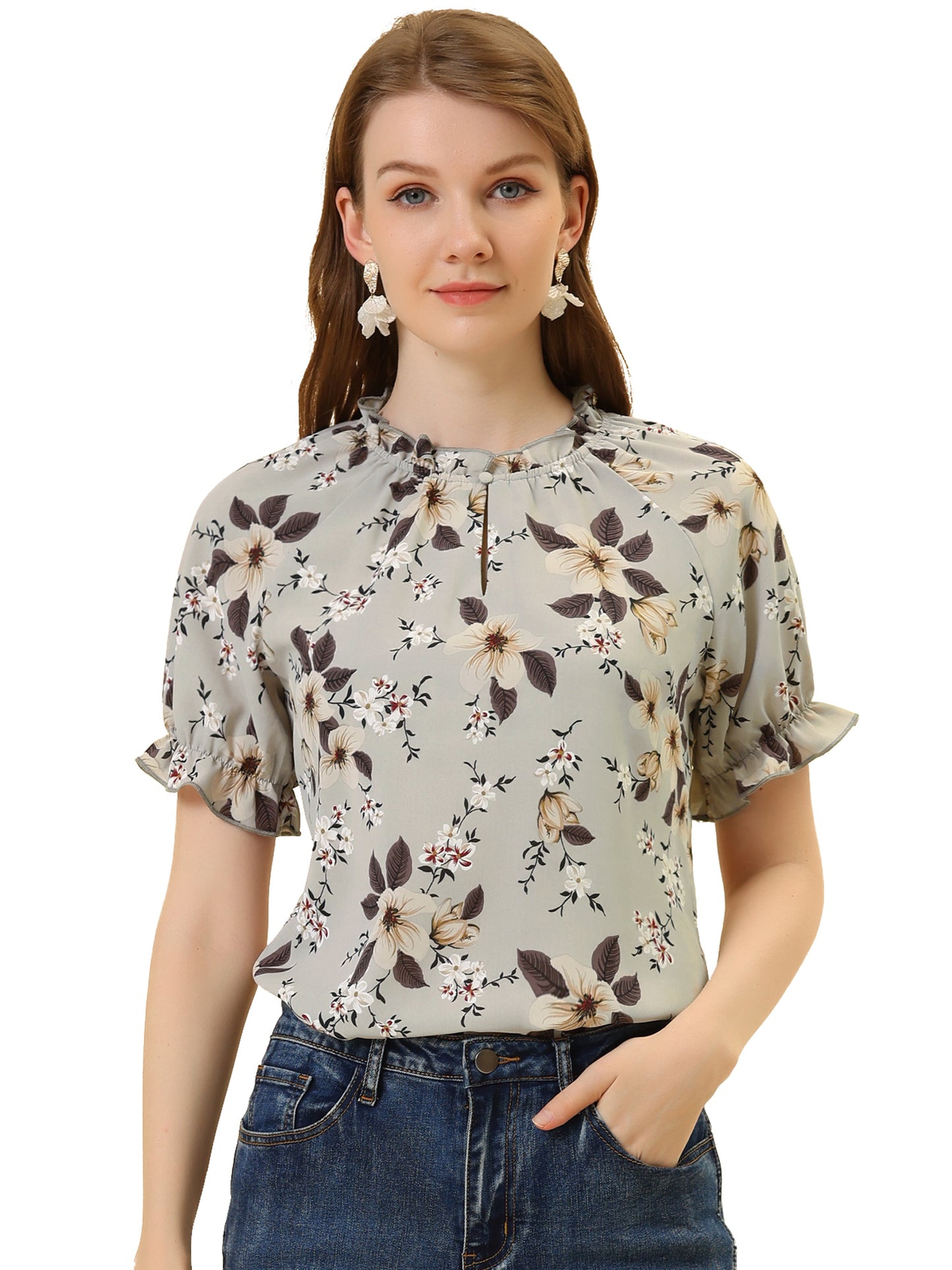 Blusa informal de verano de manga corta con cuello alto y estampado floral con volantes para mujer