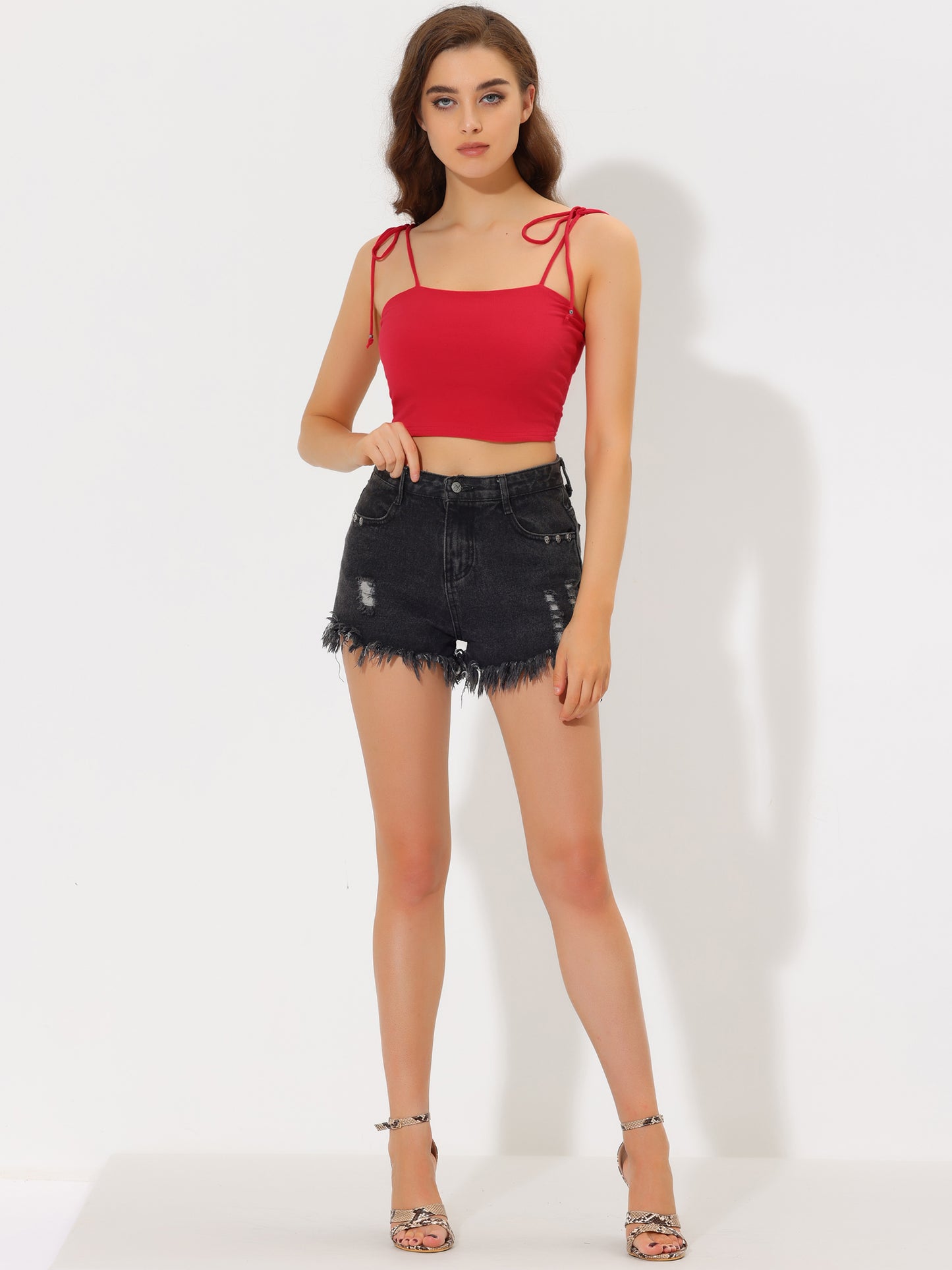 Women's Cami Tube Top Tie Spaghetti Straps Sleeveless Summer Crop Top