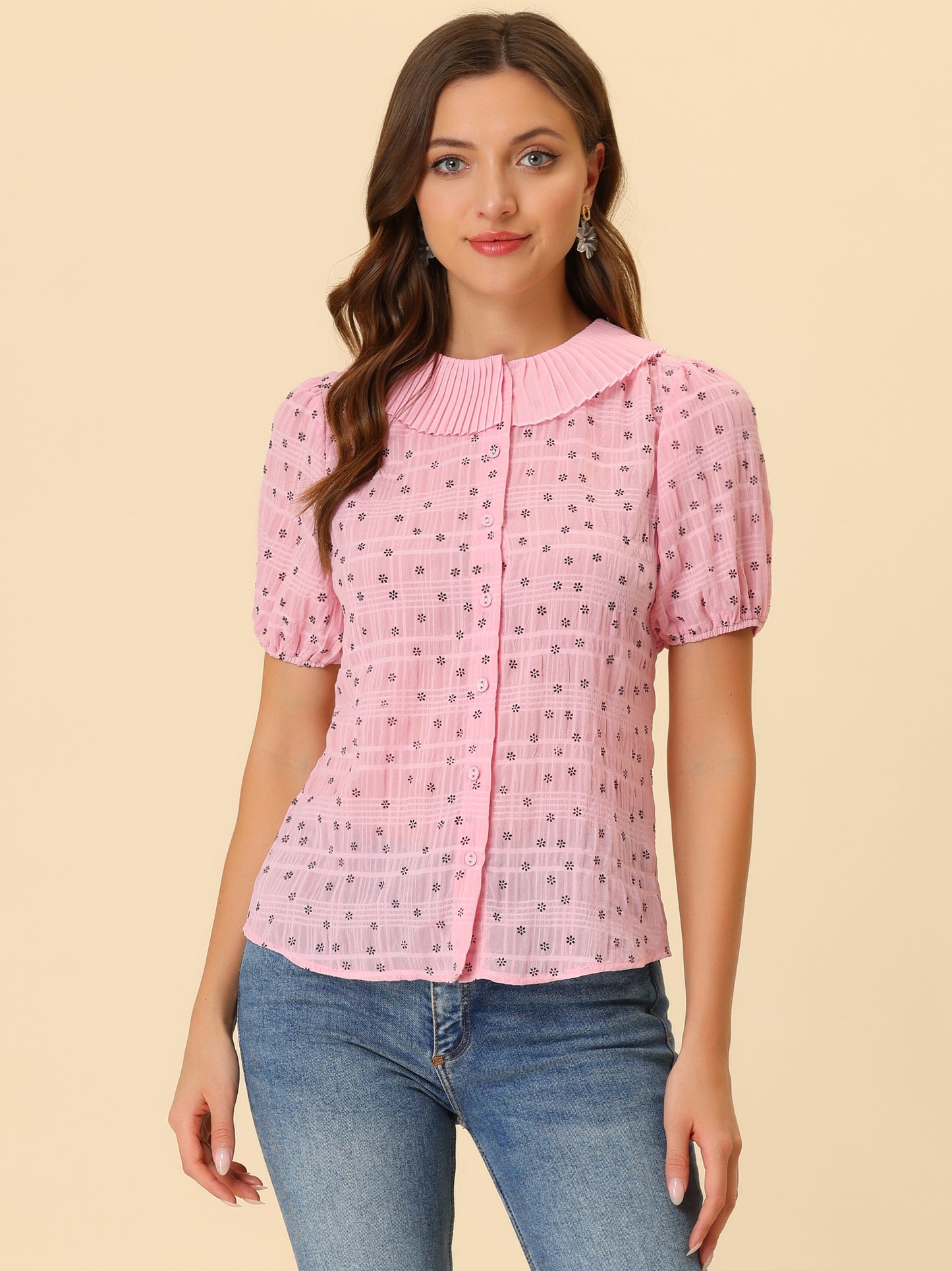 Women's Button Down Short Sleeve Pleated Collar Casual Daily Floral Blouse Shirt