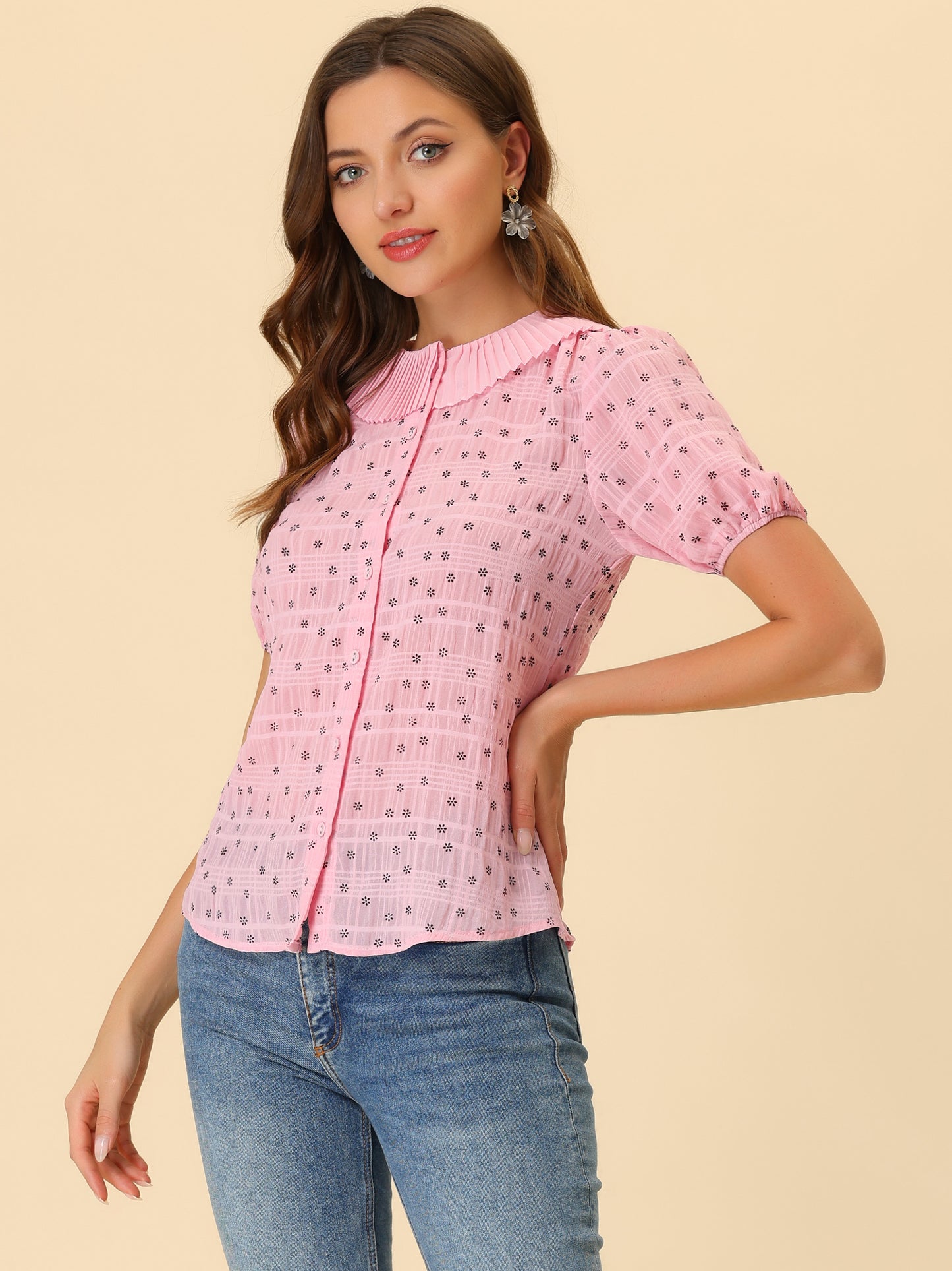 Women's Button Down Short Sleeve Pleated Collar Casual Daily Floral Blouse Shirt