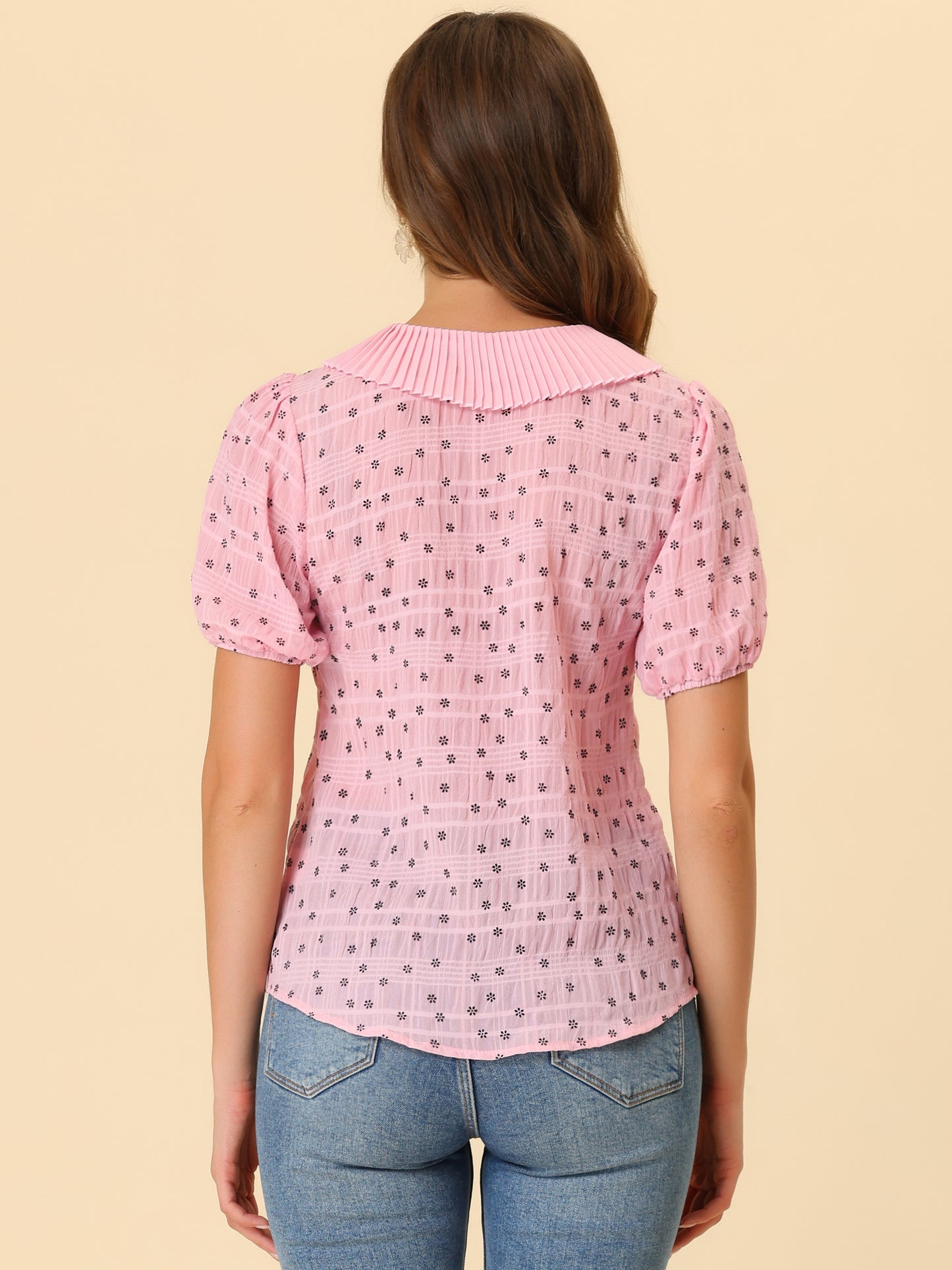 Women's Button Down Short Sleeve Pleated Collar Casual Daily Floral Blouse Shirt