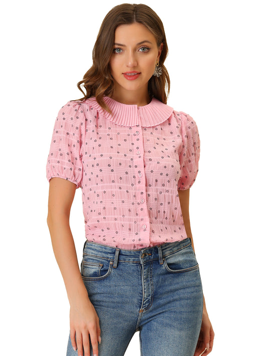 Women's Button Down Short Sleeve Pleated Collar Casual Daily Floral Blouse Shirt