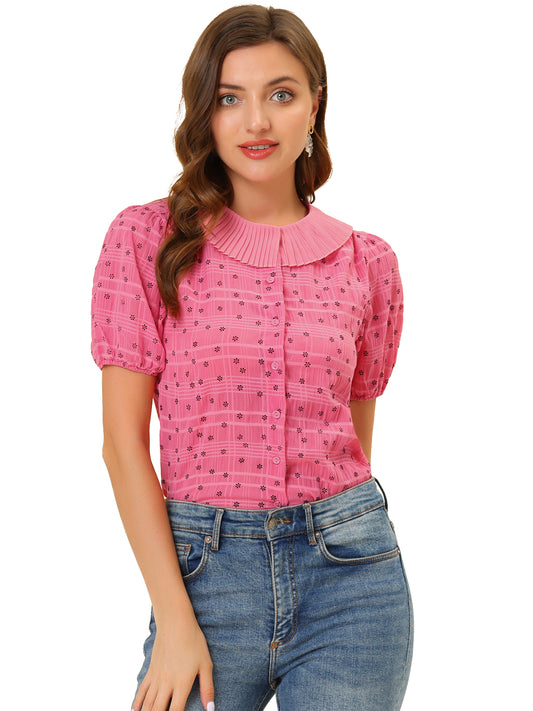 Blusa informal de manga corta con botones y cuello plisado para mujer, estilo diario, con estampado floral