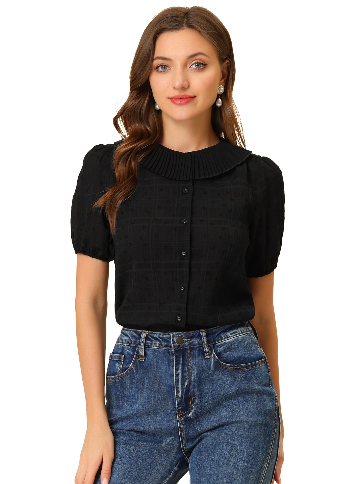Women's Button Down Short Sleeve Pleated Collar Casual Daily Floral Blouse Shirt