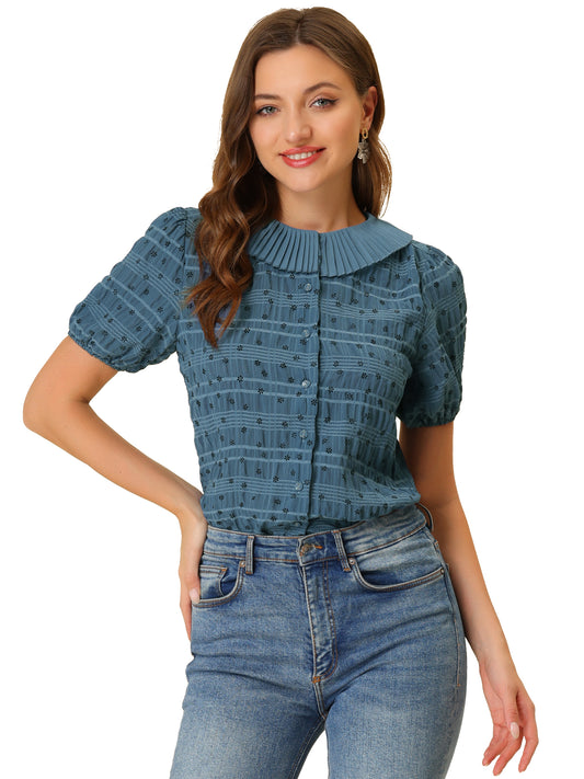 Blusa informal de manga corta con botones y cuello plisado para mujer, estilo diario, con estampado floral