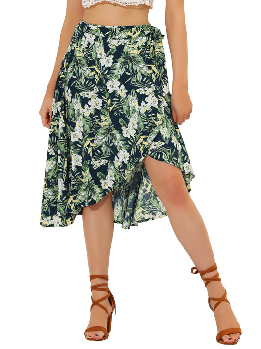 Falda midi cruzada con estampado floral bohemio de playa tropical para mujer