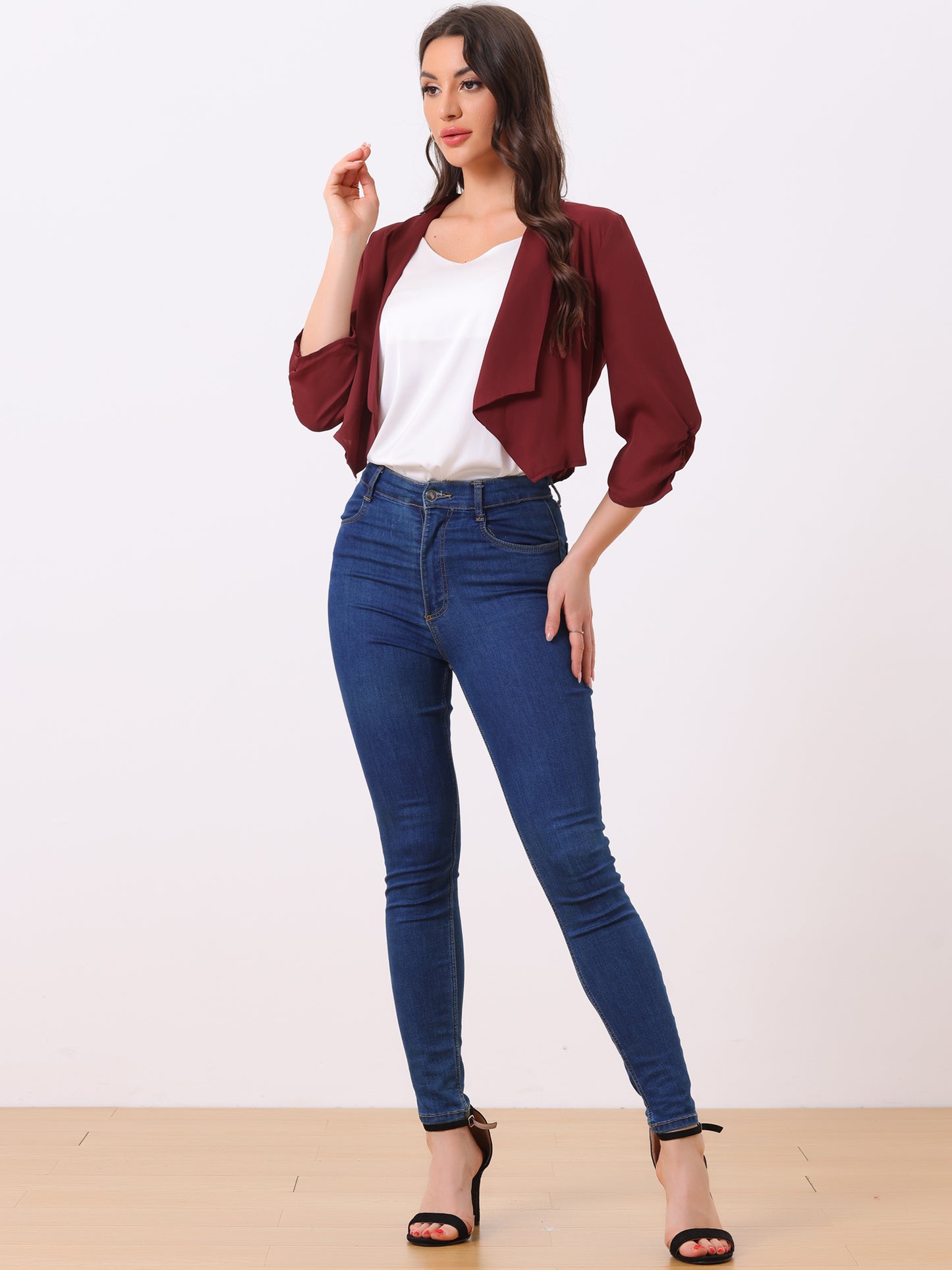 Chaqueta tipo bolero de gasa de verano para mujer, con mangas fruncidas 3/4 y solapa chal, fina, ligera y abierta al frente.