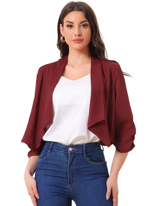 Chaqueta tipo bolero de gasa de verano para mujer, con mangas fruncidas 3/4 y solapa chal, fina, ligera y abierta al frente.