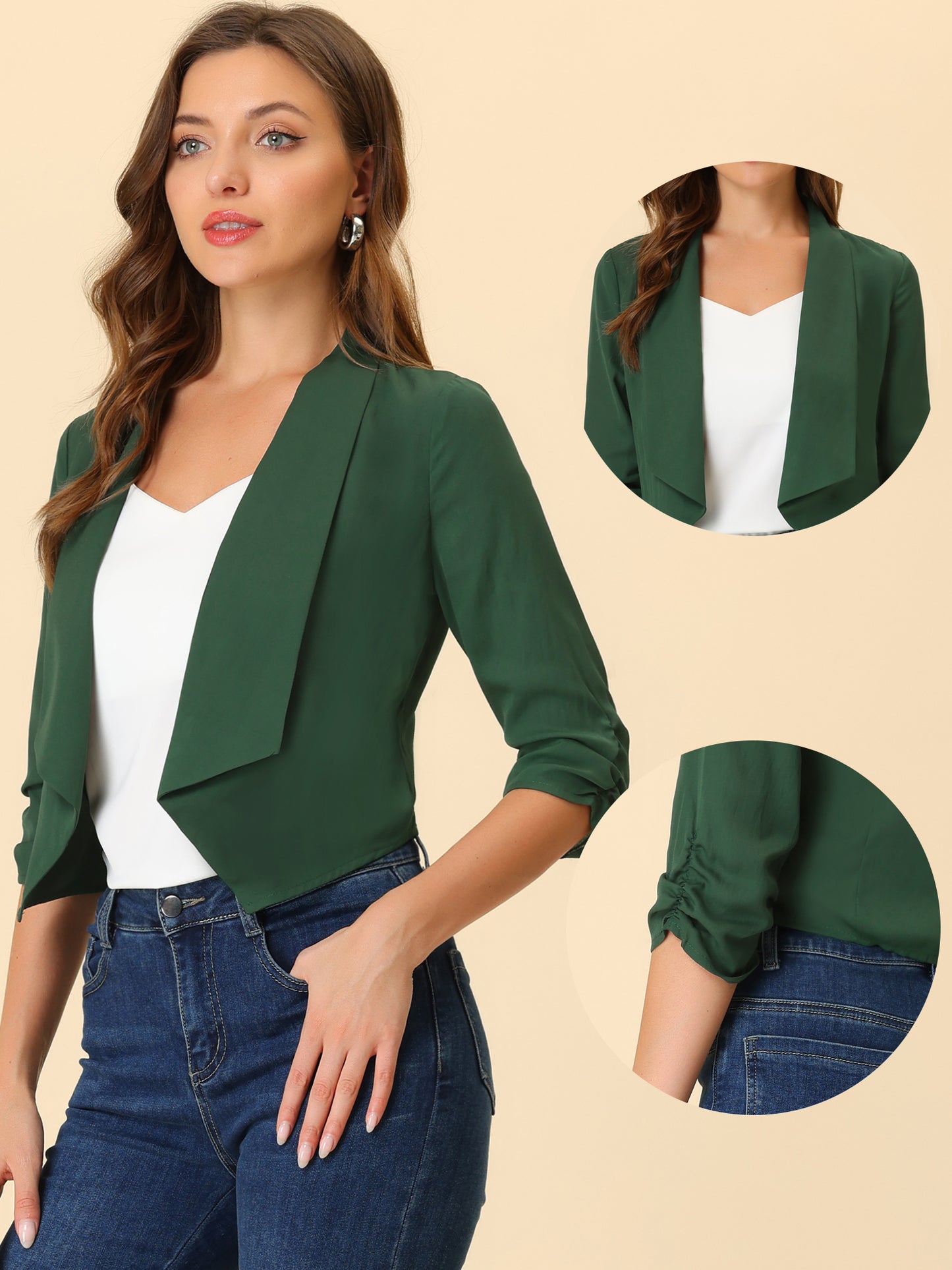 Chaqueta tipo bolero de gasa de verano para mujer, con mangas fruncidas 3/4 y solapa chal, fina, ligera y abierta al frente.