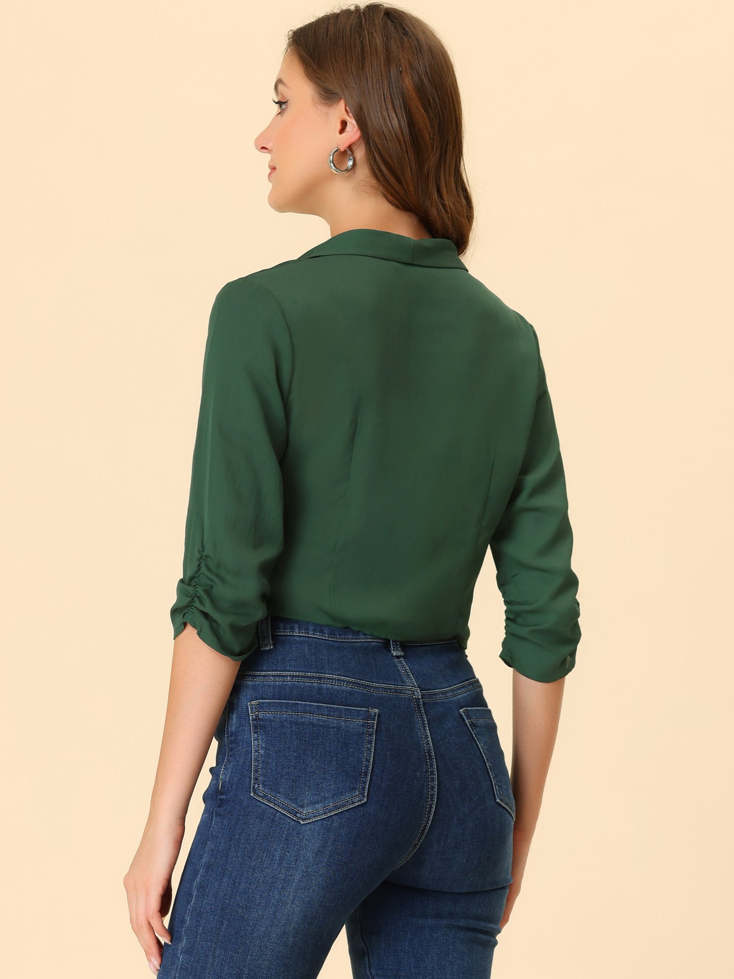 Chaqueta tipo bolero de gasa de verano para mujer, con mangas fruncidas 3/4 y solapa chal, fina, ligera y abierta al frente.