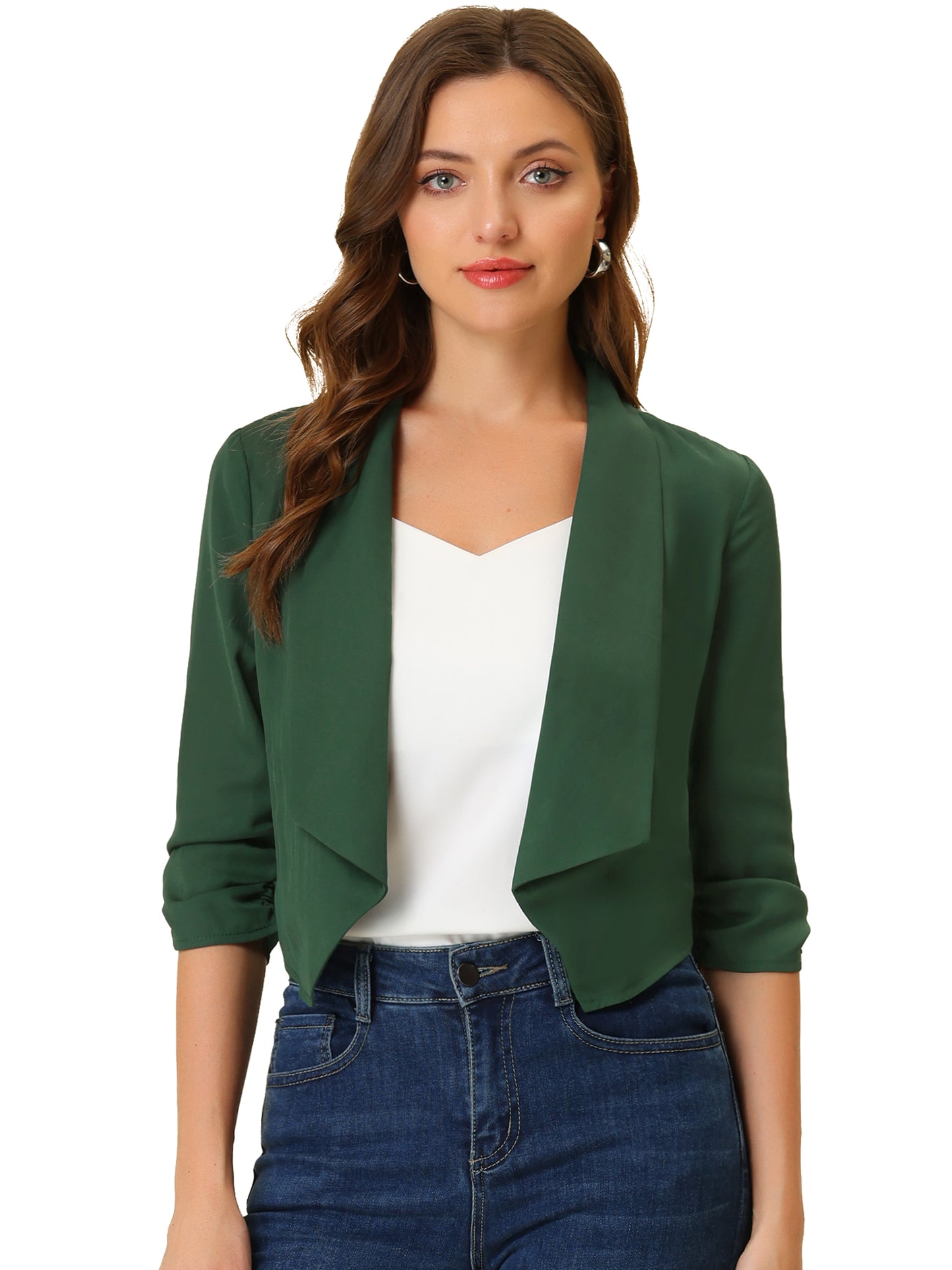 Chaqueta tipo bolero de gasa de verano para mujer, con mangas fruncidas 3/4 y solapa chal, fina, ligera y abierta al frente.