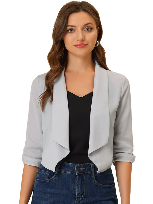 Chaqueta tipo bolero de gasa de verano para mujer, con mangas fruncidas 3/4 y solapa chal, fina, ligera y abierta al frente.