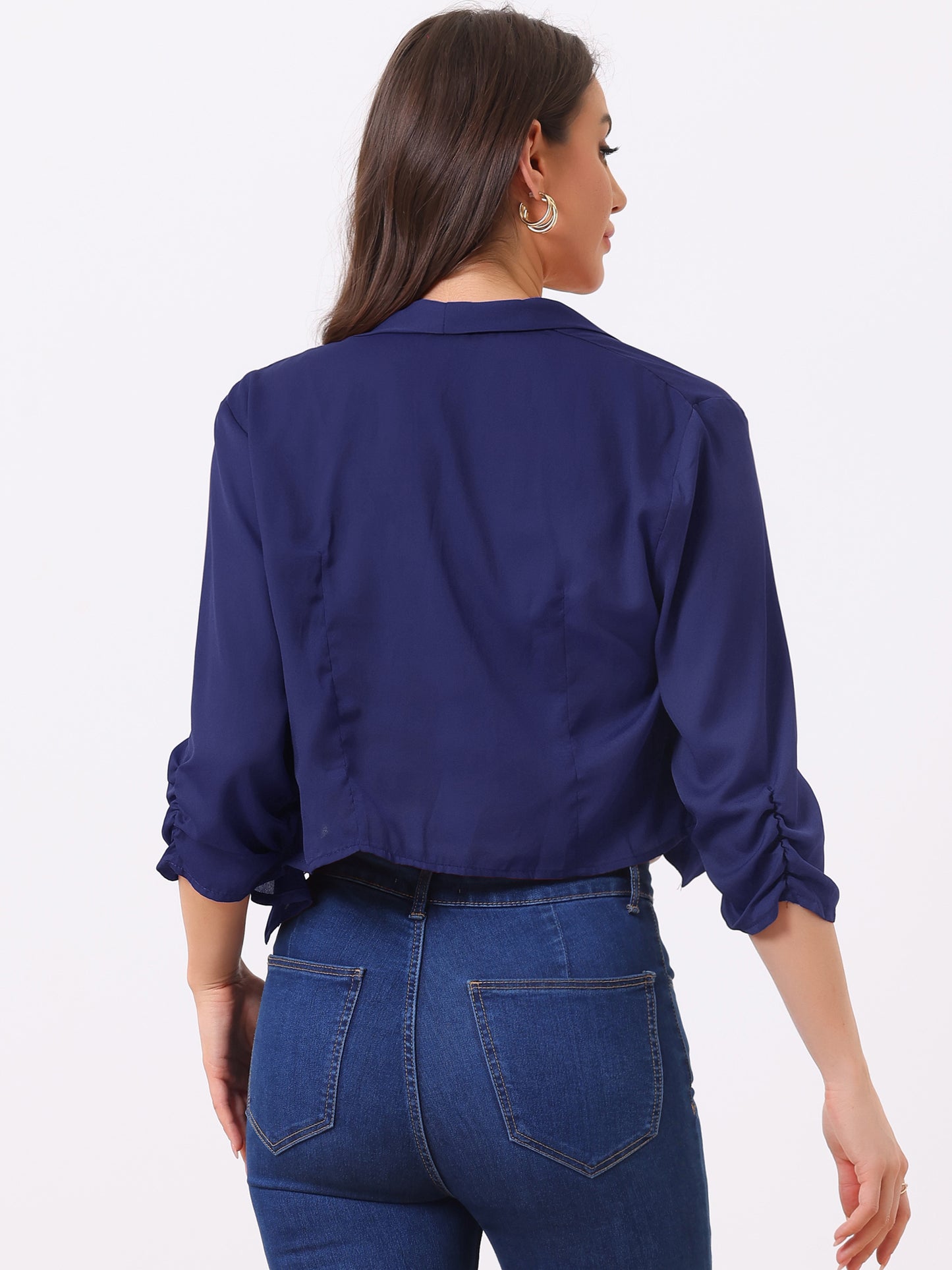Chaqueta tipo bolero de gasa de verano para mujer, con mangas fruncidas 3/4 y solapa chal, fina, ligera y abierta al frente.