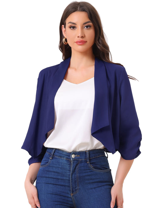 Chaqueta tipo bolero de gasa de verano para mujer, con mangas fruncidas 3/4 y solapa chal, fina, ligera y abierta al frente.