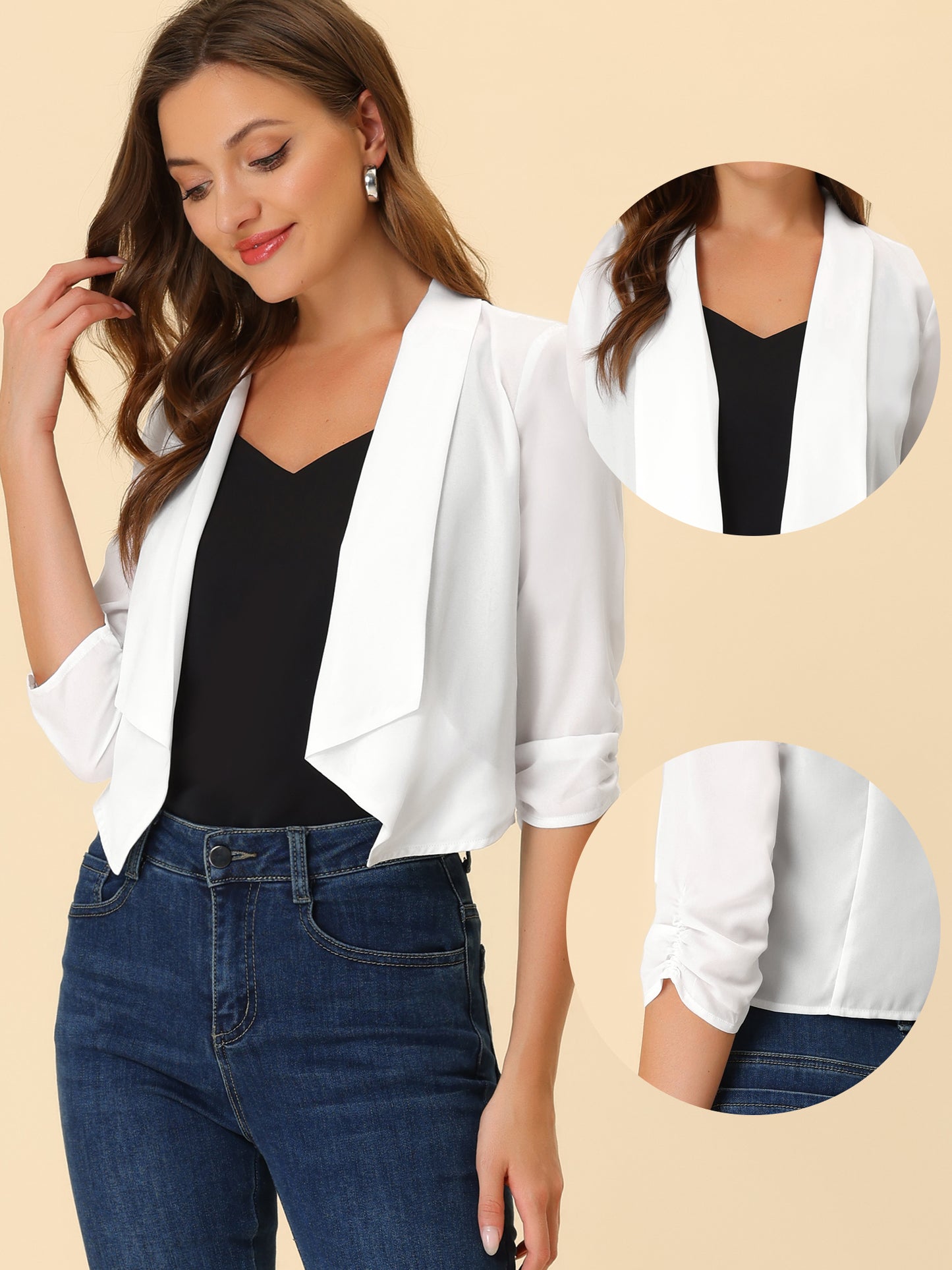 Chaqueta tipo bolero de gasa de verano para mujer, con mangas fruncidas 3/4 y solapa chal, fina, ligera y abierta al frente.