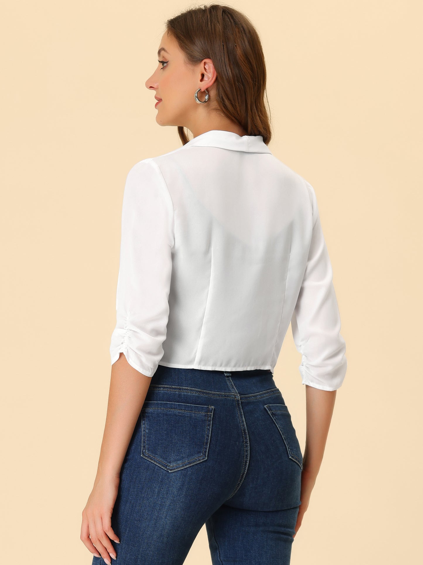 Chaqueta tipo bolero de gasa de verano para mujer, con mangas fruncidas 3/4 y solapa chal, fina, ligera y abierta al frente.
