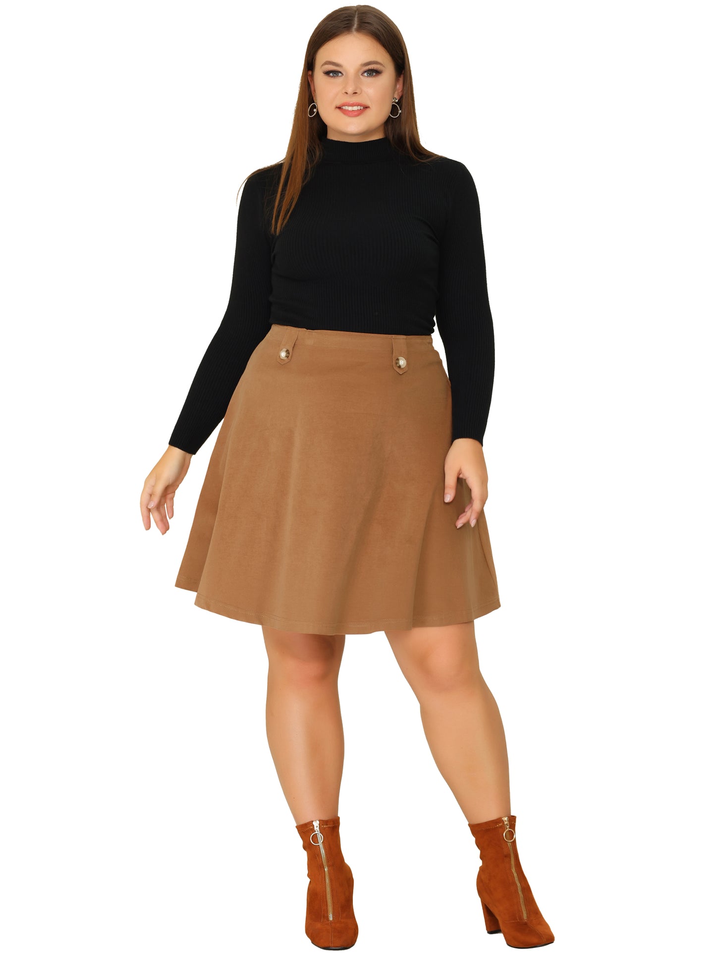 Women Plus Size Retro Corduroy Skirts Elastic Waist Button Decor Fall A-Line Mini Skirt