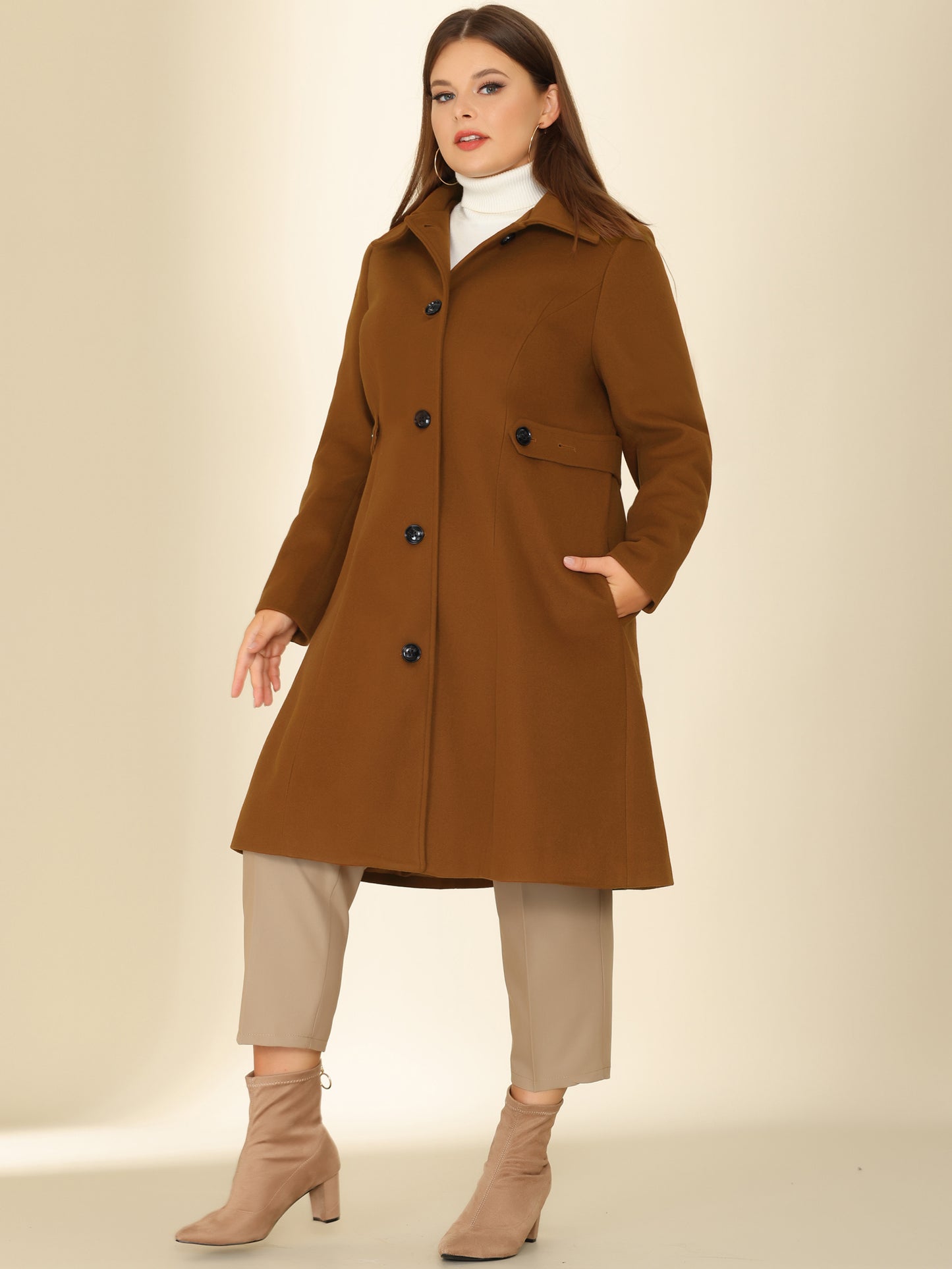 Women's Plus Size Coat Single Breasted Belted Winter Long Coat