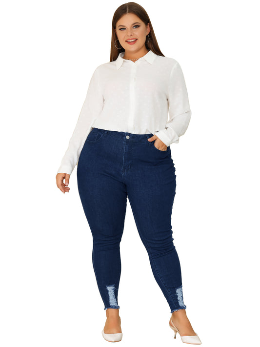 Women Plus Size Denim Jean Ripped Mid Rise Stretch Washed Skinny Jeans