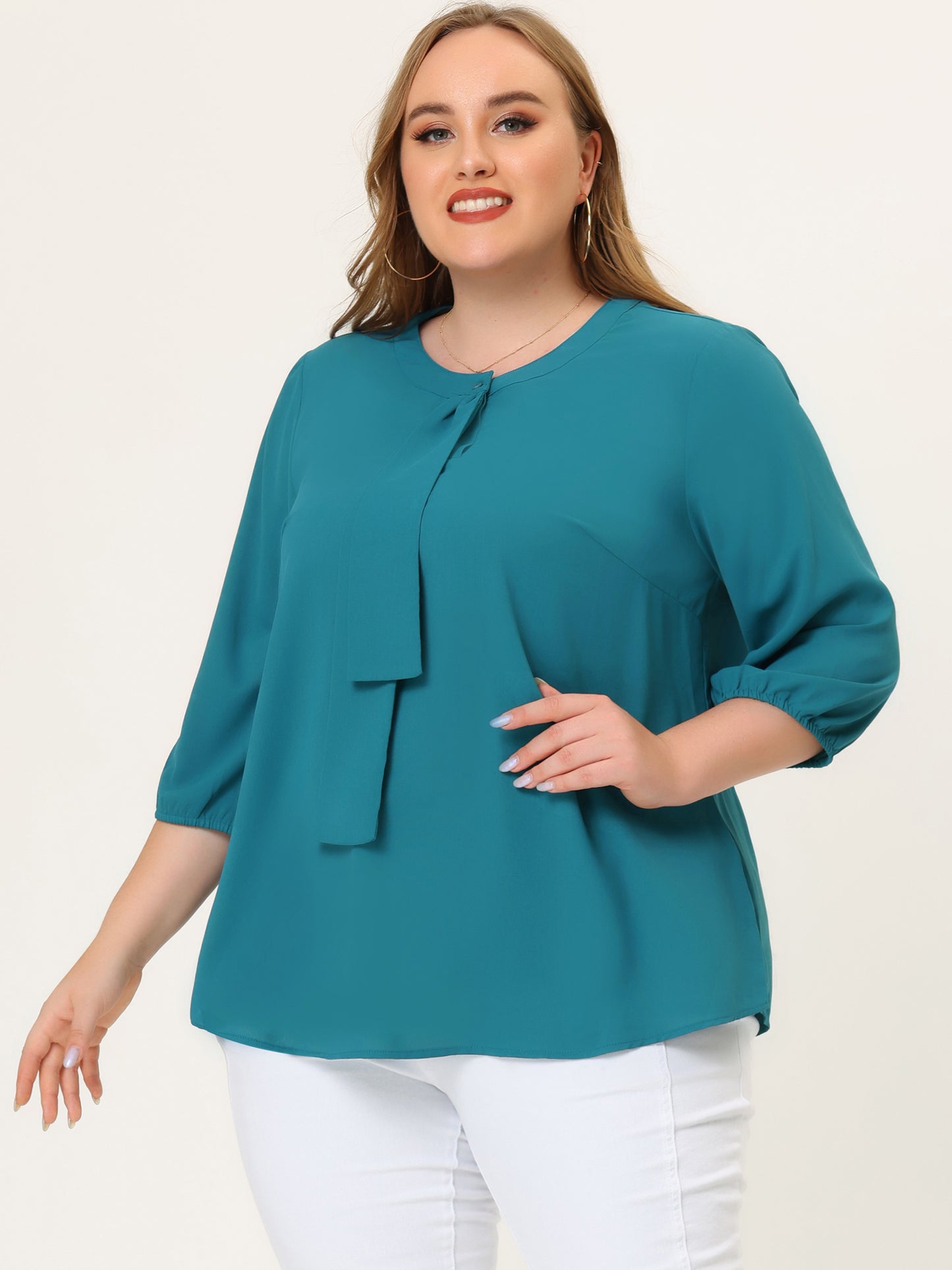 Blusa de gasa con cuello redondo y volantes para mujer, talla grande
