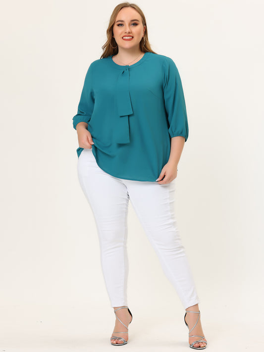 Blusa de gasa con cuello redondo y volantes para mujer, talla grande