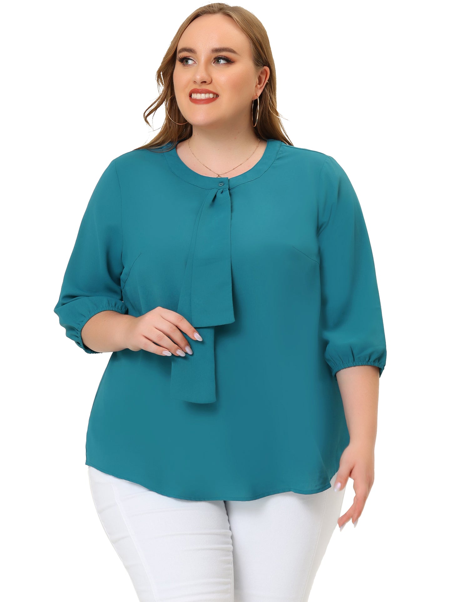 Blusa de gasa con cuello redondo y volantes para mujer, talla grande