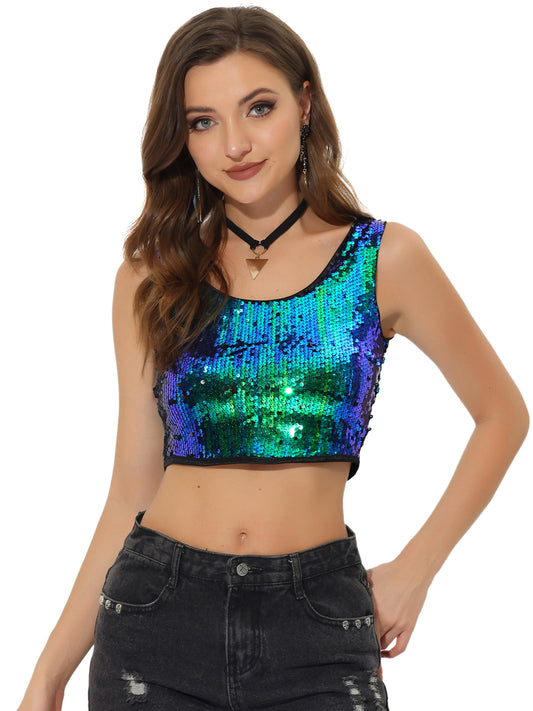 Women's Metallic Sequin Crop Top Sparkle Glitter Sleeveless Party Club Tank Top