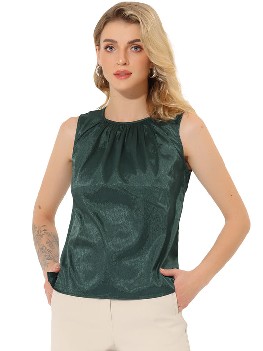 Women's Satin Sleeveless Work Office Pleated Vest Blouse Tank Top
