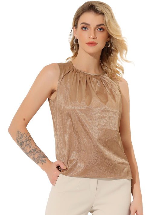 Women's Satin Sleeveless Work Office Pleated Vest Blouse Tank Top