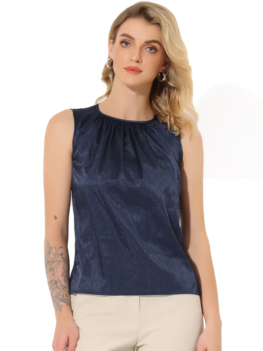 Women's Satin Sleeveless Work Office Pleated Vest Blouse Tank Top