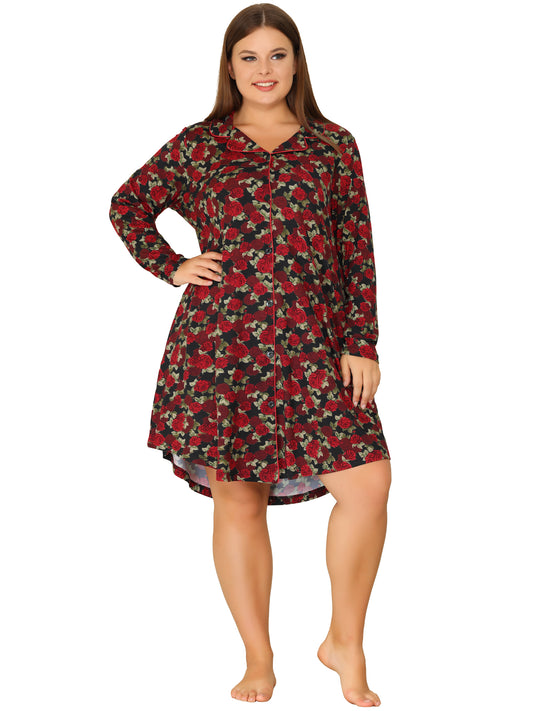 Women Plus Size Sleepwear Floral Notched Lapel Button Up Nightgown