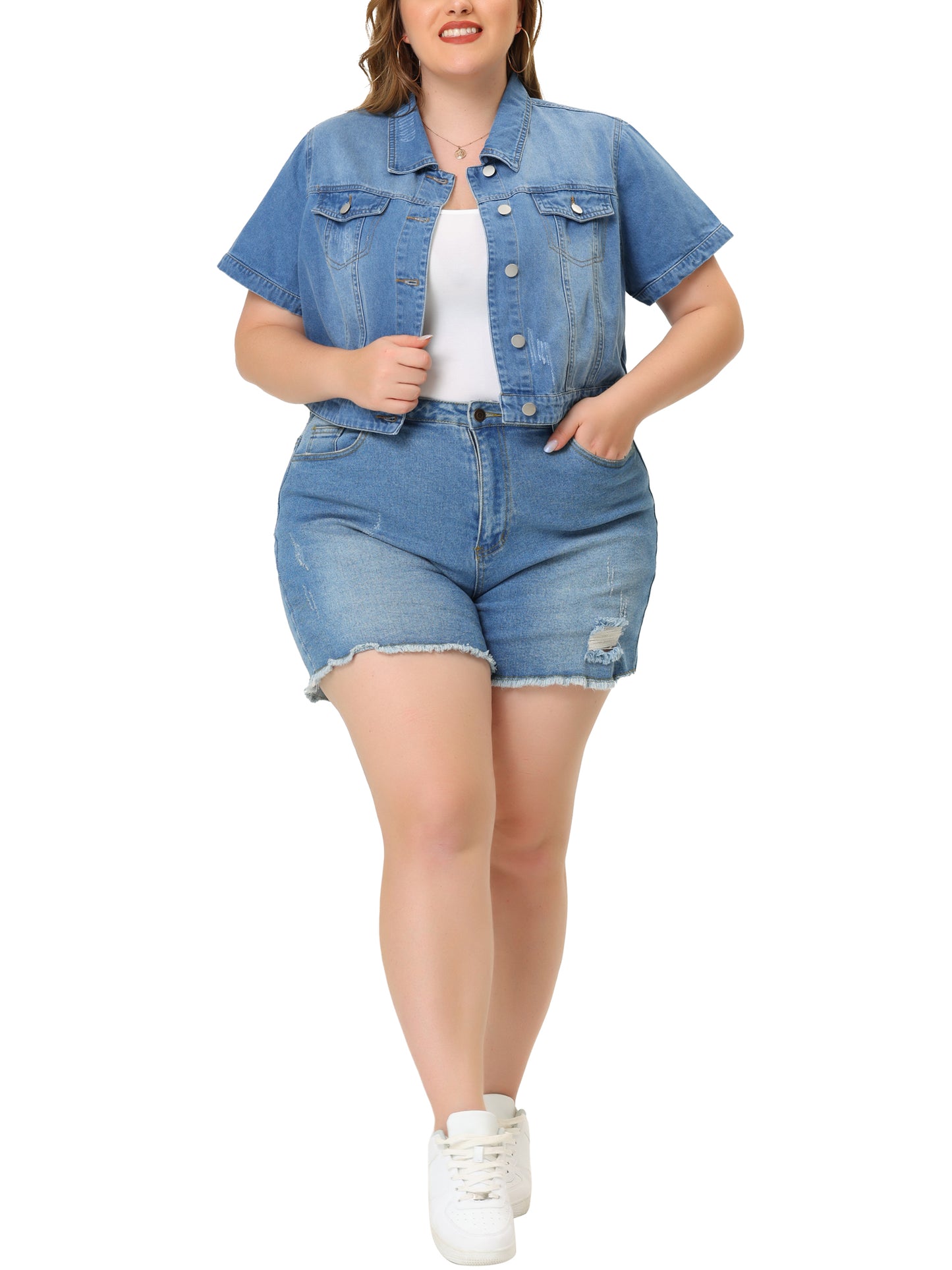 Women Plus Size Denim Jacket Short Sleeves Button Down Cropped Jean Jackets