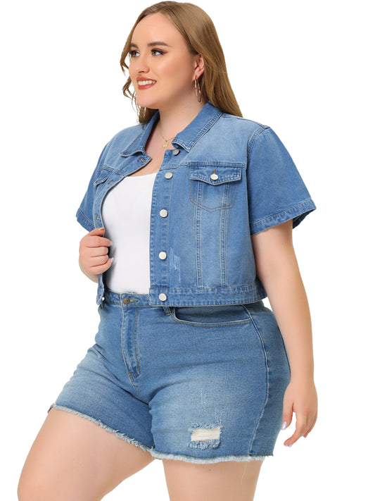 Chaqueta vaquera de talla grande para mujer, de manga corta, con botones y corte recortado.