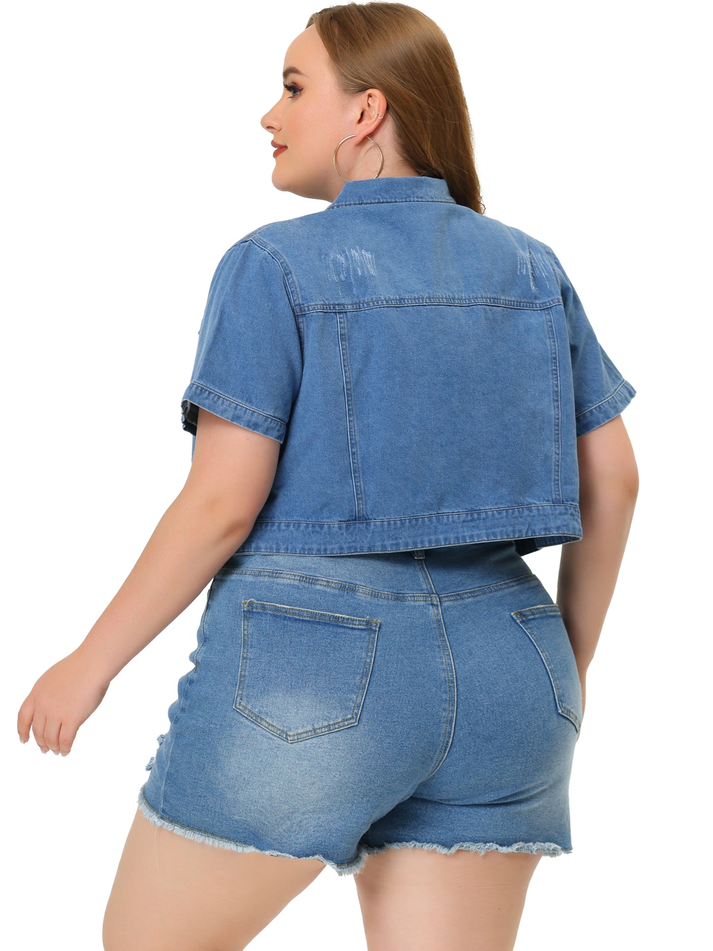 Women Plus Size Denim Jacket Short Sleeves Button Down Cropped Jean Jackets
