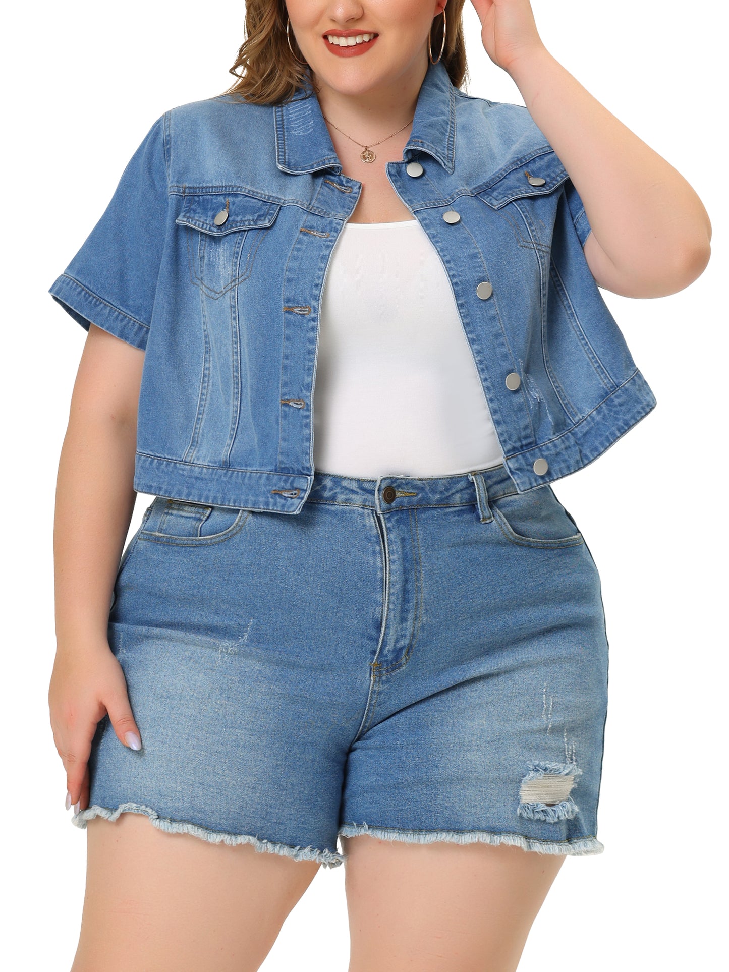 Women Plus Size Denim Jacket Short Sleeves Button Down Cropped Jean Jackets