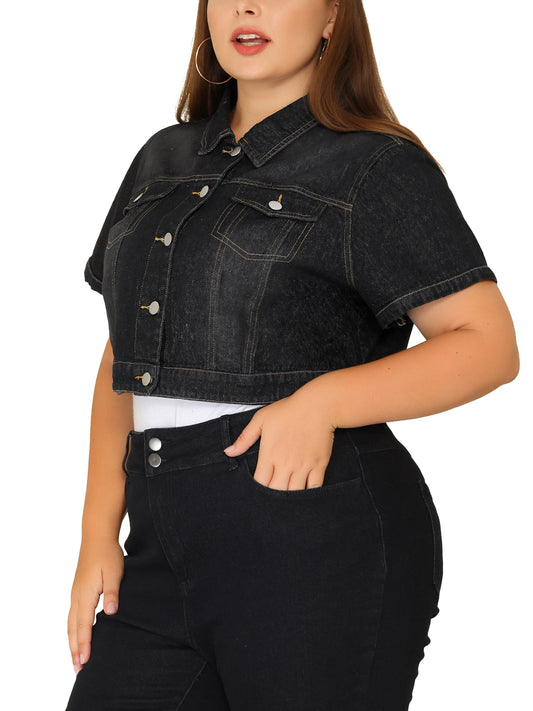 Chaqueta vaquera de talla grande para mujer, de manga corta, con botones y corte recortado.