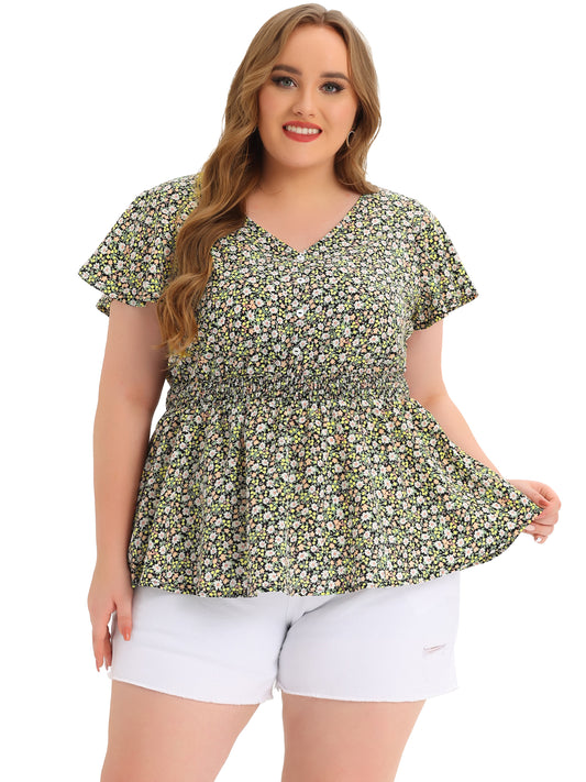 Women Plus Size Blouses Button V Neck Smocked Waist Flare Short Sleeve Peplum Floral Top