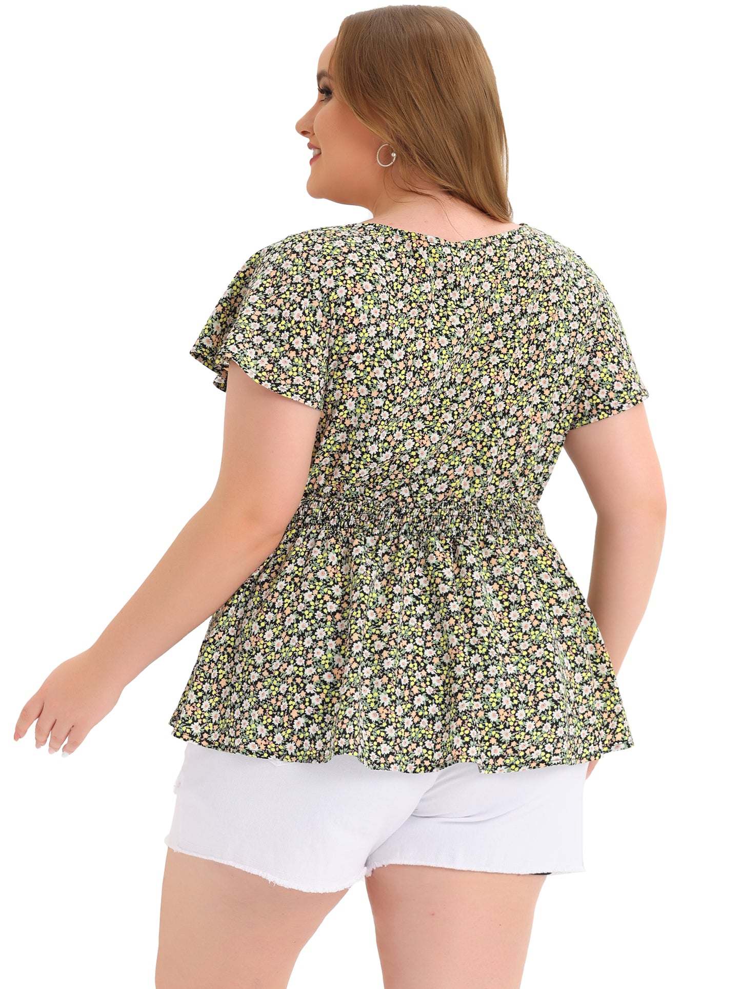 Women Plus Size Blouses Button V Neck Smocked Waist Flare Short Sleeve Peplum Floral Top